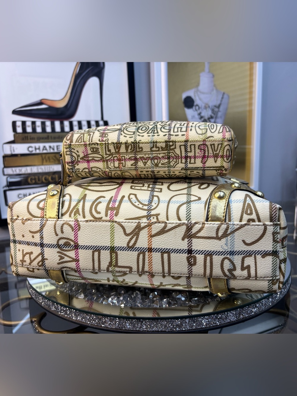 Coach 2009 Heritage Tattersall Graffiti Gold Tote W/ matching cosmetic pouch EUC - Picture 12 of 16